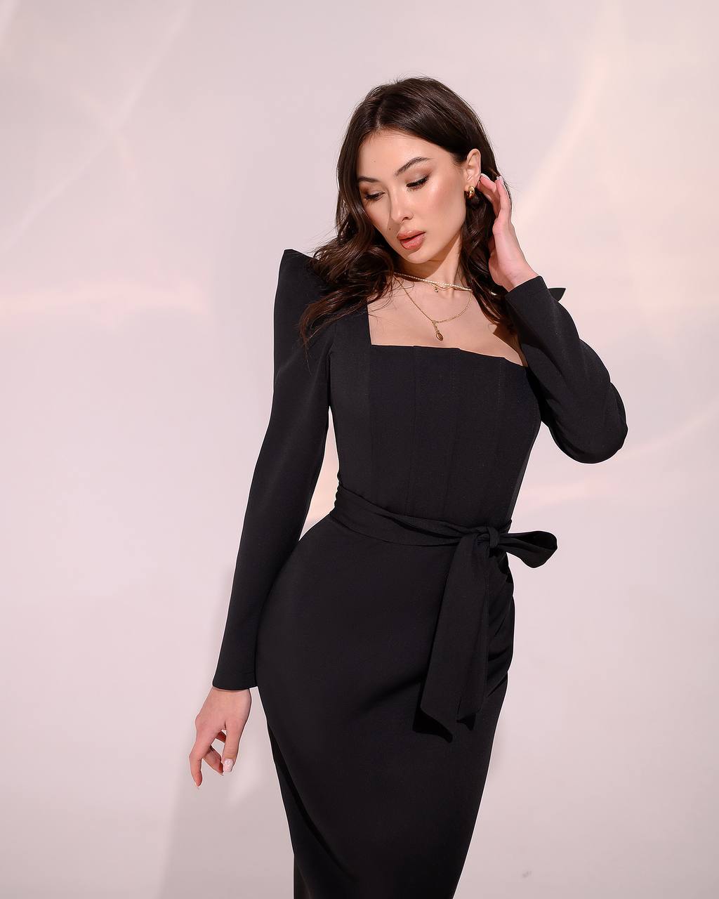 Womens Fitted Midi Dress with Square Neckline and Tie Waist