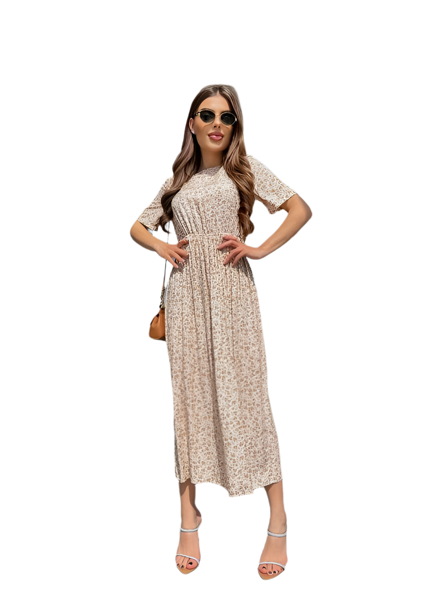Lightweight Midi Dress with Short Sleeves and Floral Pattern