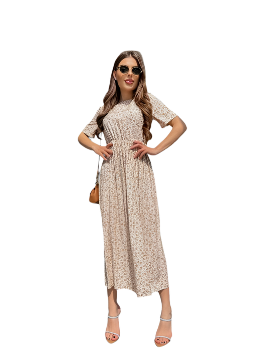 Lightweight Midi Dress with Short Sleeves and Floral Pattern