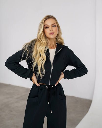 Women Black Cotton Knit Casual Wide Leg Pants