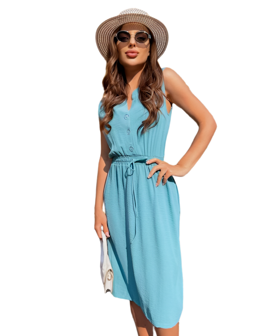 Lightweight Blue Midi Dress in American Crepe Fabric