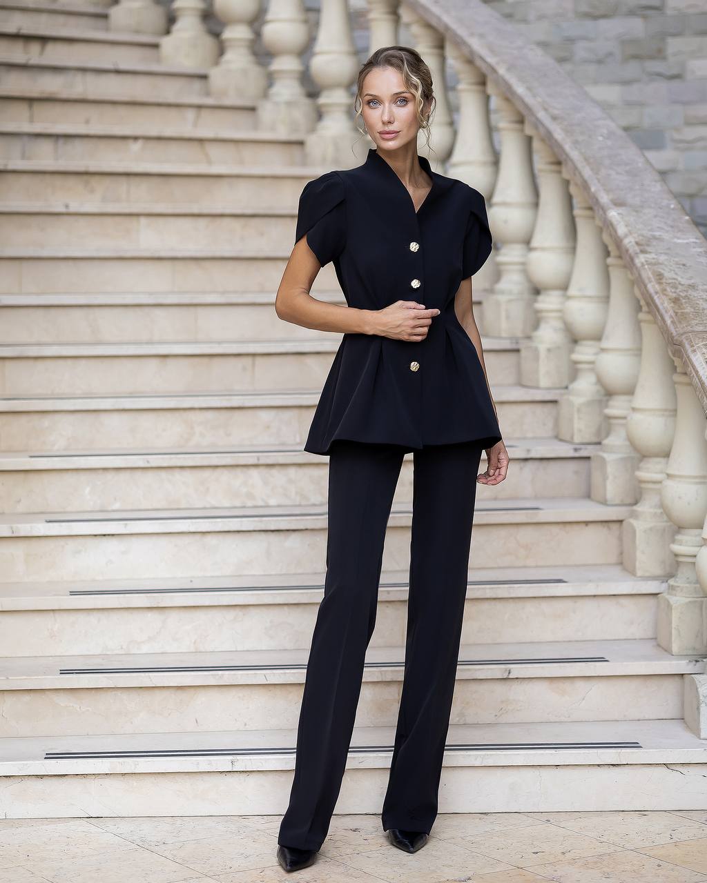 Womens Tailored Suit with Puff Sleeve Jacket and Wide Leg Trousers