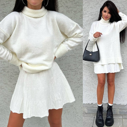 Two images of a person wearing a white sweater and skirt with black boots against a gray and white background.