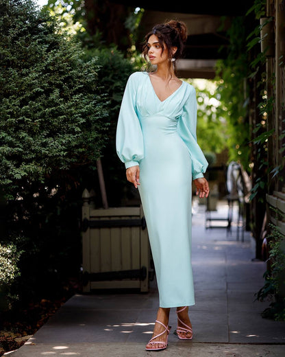Elegant Midi Dress in Tiffany Blue with Balloon Sleeves