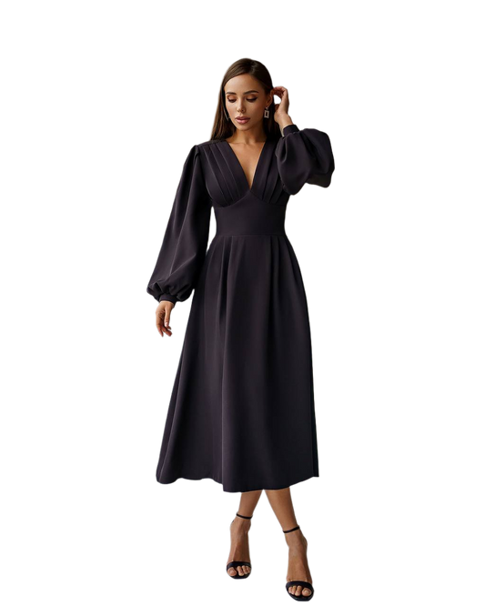 Elegant Black Midi Dress with Puff Sleeves and V-Neck