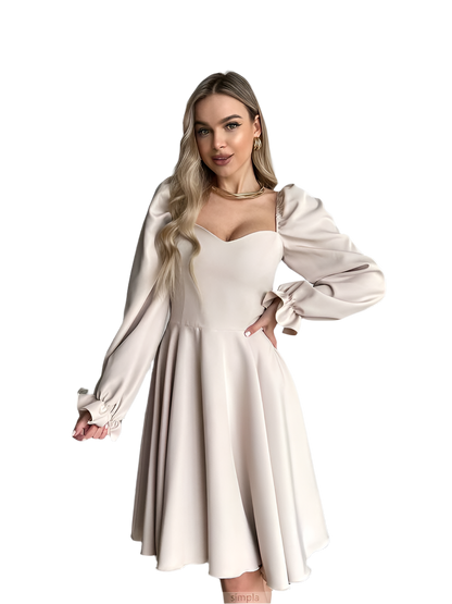 Elegant Women's Dress with Flared Skirt and Puff Sleeves