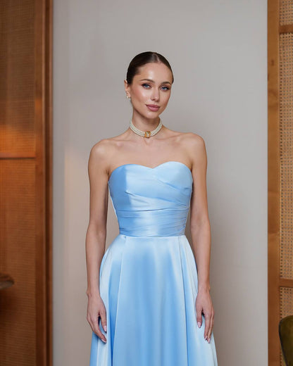 Elegant Women's Strapless Premium Satin Dress Midi Length