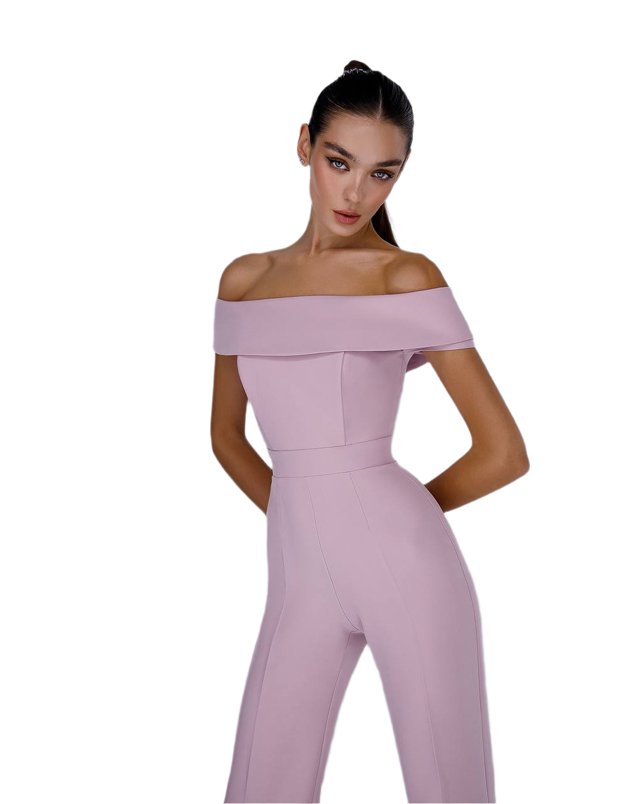 Woman wearing a pink off-shoulder jumpsuit on a white background