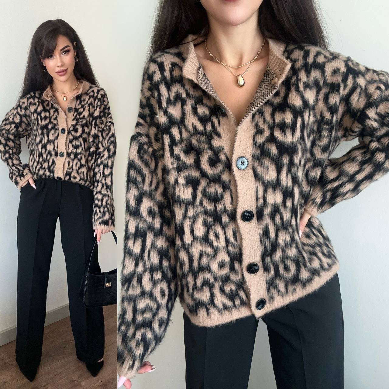 Woman wearing a leopard print cardigan with a plain background