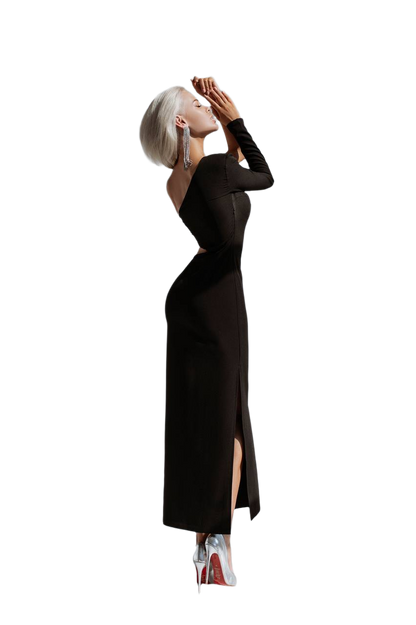 Woman wearing a black dress with a high slit on a white background