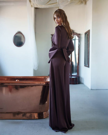 Elegant Women Suit Set in Dense Satin Fabric Paris Top and Wide Pants