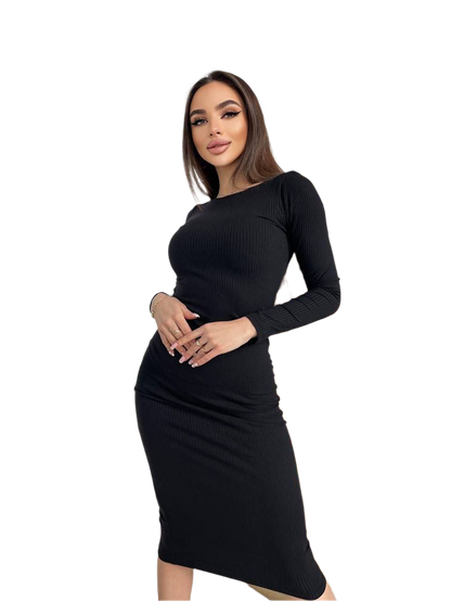 Woman wearing a black dress on a white background