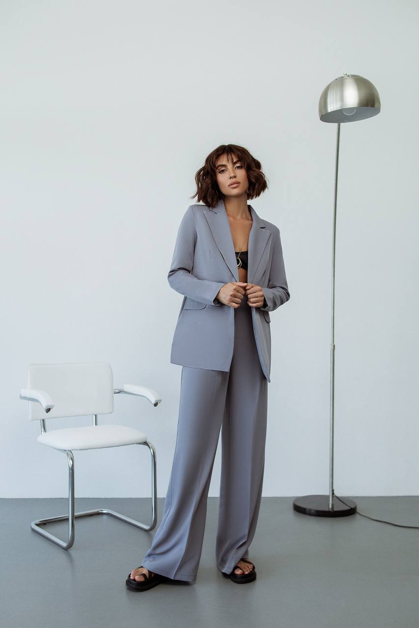Gray Palazzo Suit Women Diagonal Crepe Tailored Blazer and Wide Leg Trousers