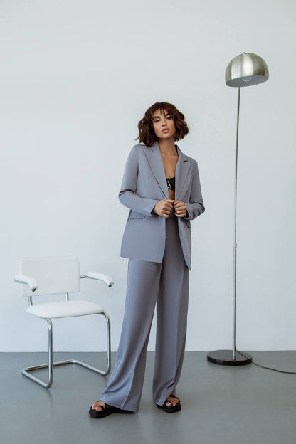 Gray Palazzo Suit Women Diagonal Crepe Tailored Blazer and Wide Leg Trousers