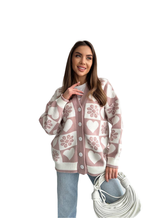 Cozy Knit Cardigan for Women with Floral and Heart Pattern