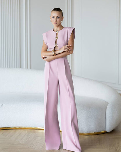 Womens Tailored Wide Leg Jumpsuit with Statement Neckline