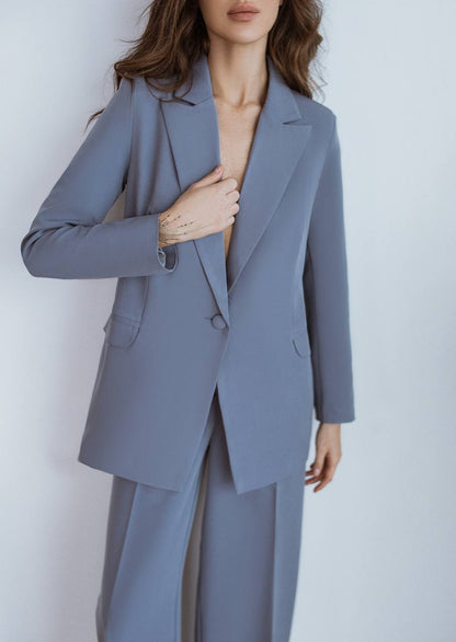 Gray Palazzo Suit Women Diagonal Crepe Tailored Blazer and Wide Leg Trousers