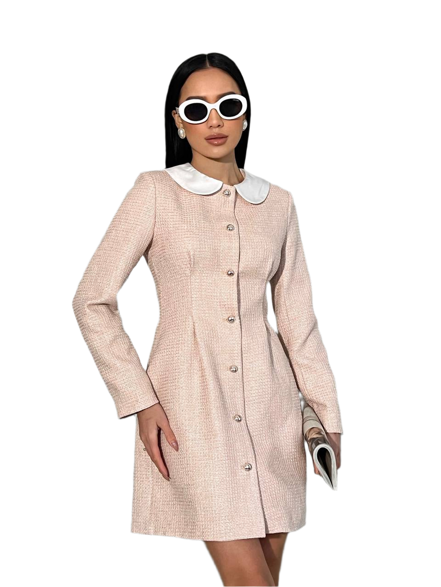 Elegant Tweed Dress with Silk Lining in Powder and Milk Colors