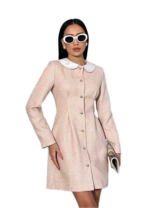 Elegant Tweed Dress with Silk Lining in Powder and Milk Colors