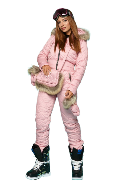 Winter Women's Pink Ski Jumpsuit with Natural Raccoon Fur