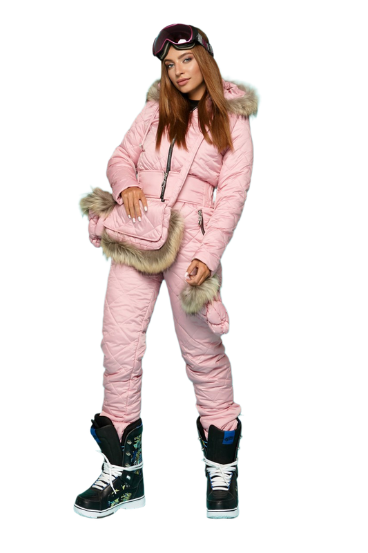 Winter Women's Pink Ski Jumpsuit with Natural Raccoon Fur