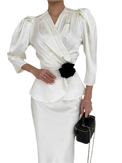 Elegant Diana Silk-Satin Women's Suit with Belt and Puff Sleeves