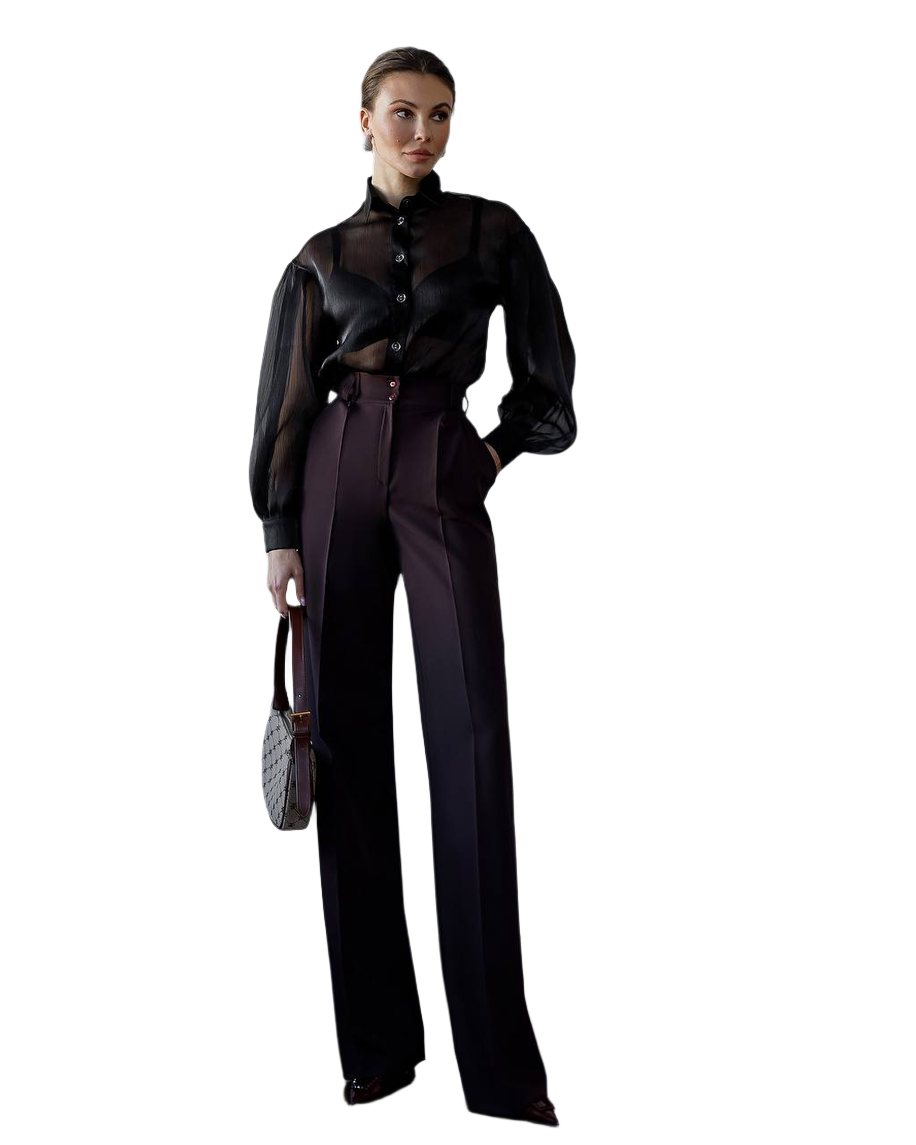 Women High Waist Wide Leg Trousers in Suiting Crepe Diagonal Fabric