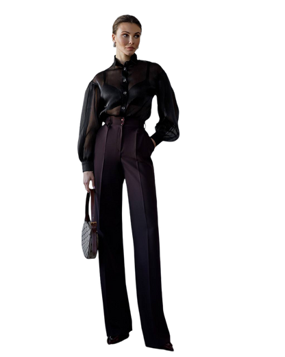 Women High Waist Wide Leg Trousers in Suiting Crepe Diagonal Fabric