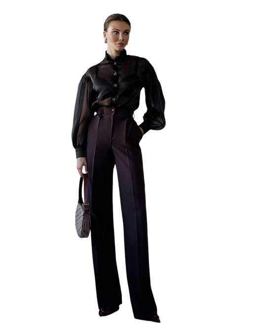 Women High Waist Wide Leg Trousers in Suiting Crepe Diagonal Fabric