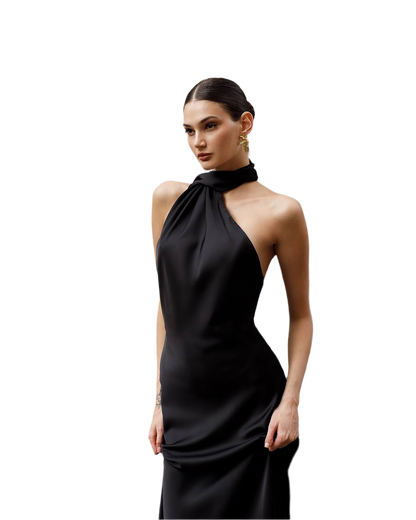 Elegant Black Maxi Dress in Dense Satin Fabric
