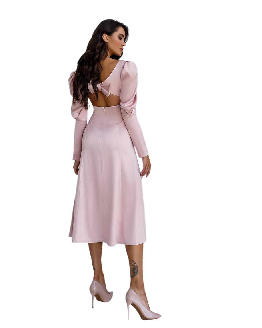 Elegant Midi Dress with Voluminous Bow in Dense Mango Satin