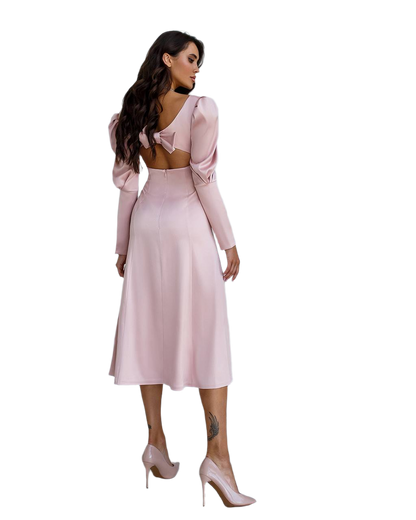 Elegant Midi Dress with Voluminous Bow in Dense Mango Satin