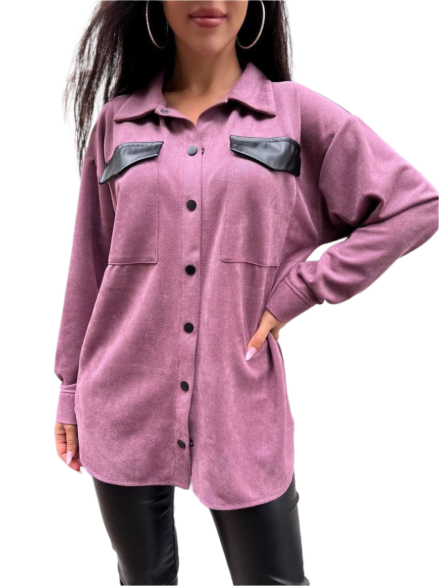 Purple shirt with black leather accents worn by a person on a white background