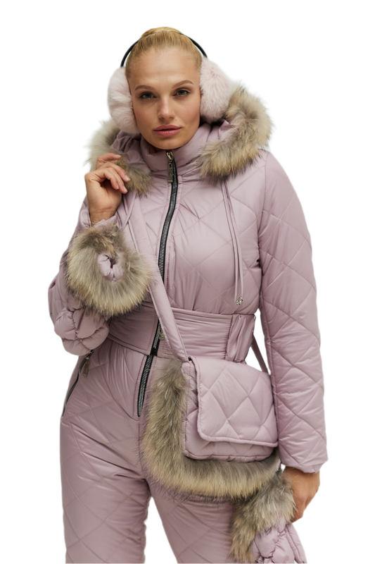 Women's Winter Ski Jumpsuit with Natural Raccoon Fur and Siliconized Insulation