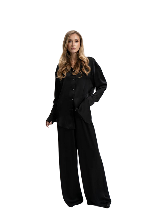 Womens Satin Suit Trousers and Shirt Set Black