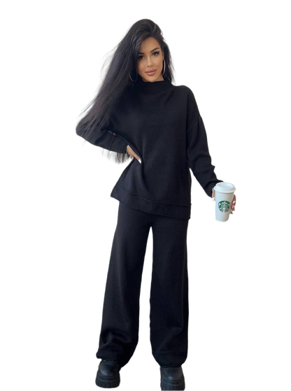 Mateo Womens Black Knitted Wool Blend Suit Set