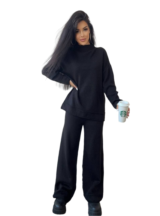 Mateo Womens Black Knitted Wool Blend Suit Set