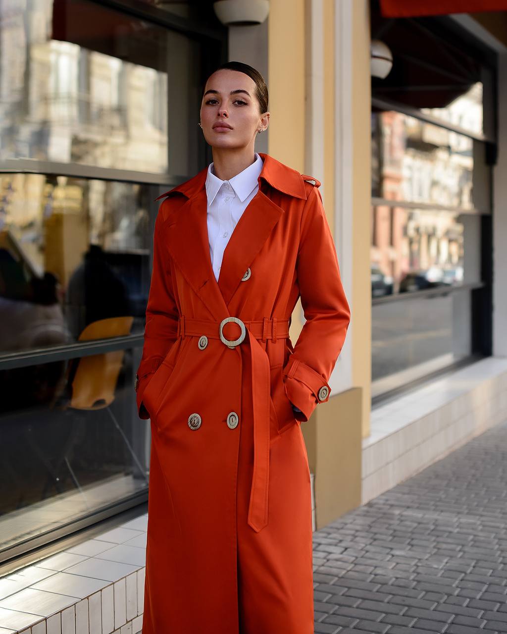 Stylish Red Trench Coat with Pockets and Belt for Women's Fashion