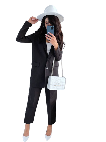 Womens Sancity Suit Black Lined Jacket and Elastic Waistband Trousers