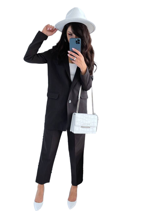 Womens Sancity Suit Black Lined Jacket and Elastic Waistband Trousers