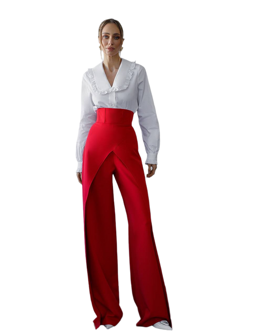 Premium Womens Crepe Diagonal Suiting Pants with Corset Waistband in Red