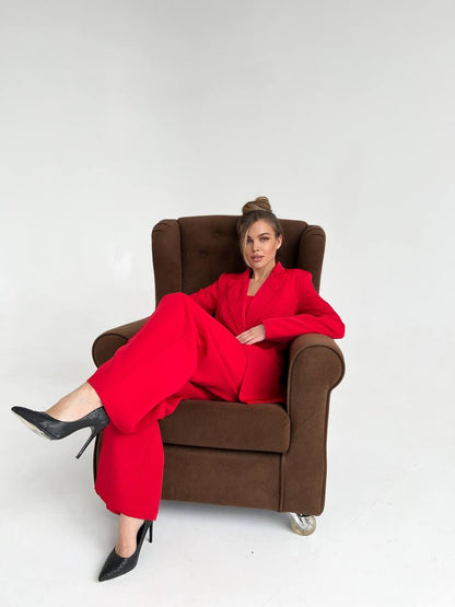 Red Diagonal Crepe Palazzo Suit Women Tailored Blazer Wide Leg Pants