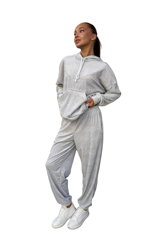 Light Gray Turkish Velour Tracksuit Hoodie Set Kangaroo Pocket Jogger Suit