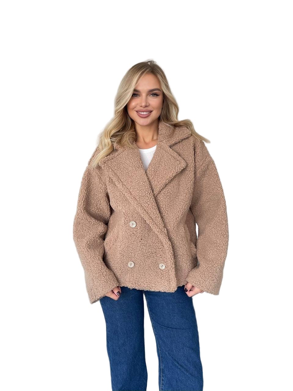 Beige Teddy Faux Fur Coat Jacket Oversize Double Breasted