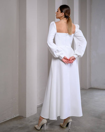 White Midi Dress with Cups and Long Puff Sleeves for Women