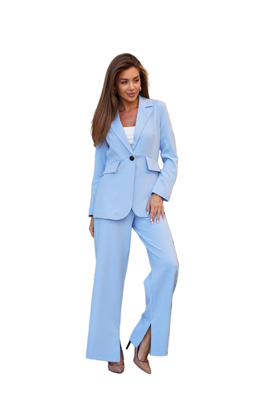 Light Blue Tailored Pantsuit Single Button Blazer High Waist Trousers Office Suit