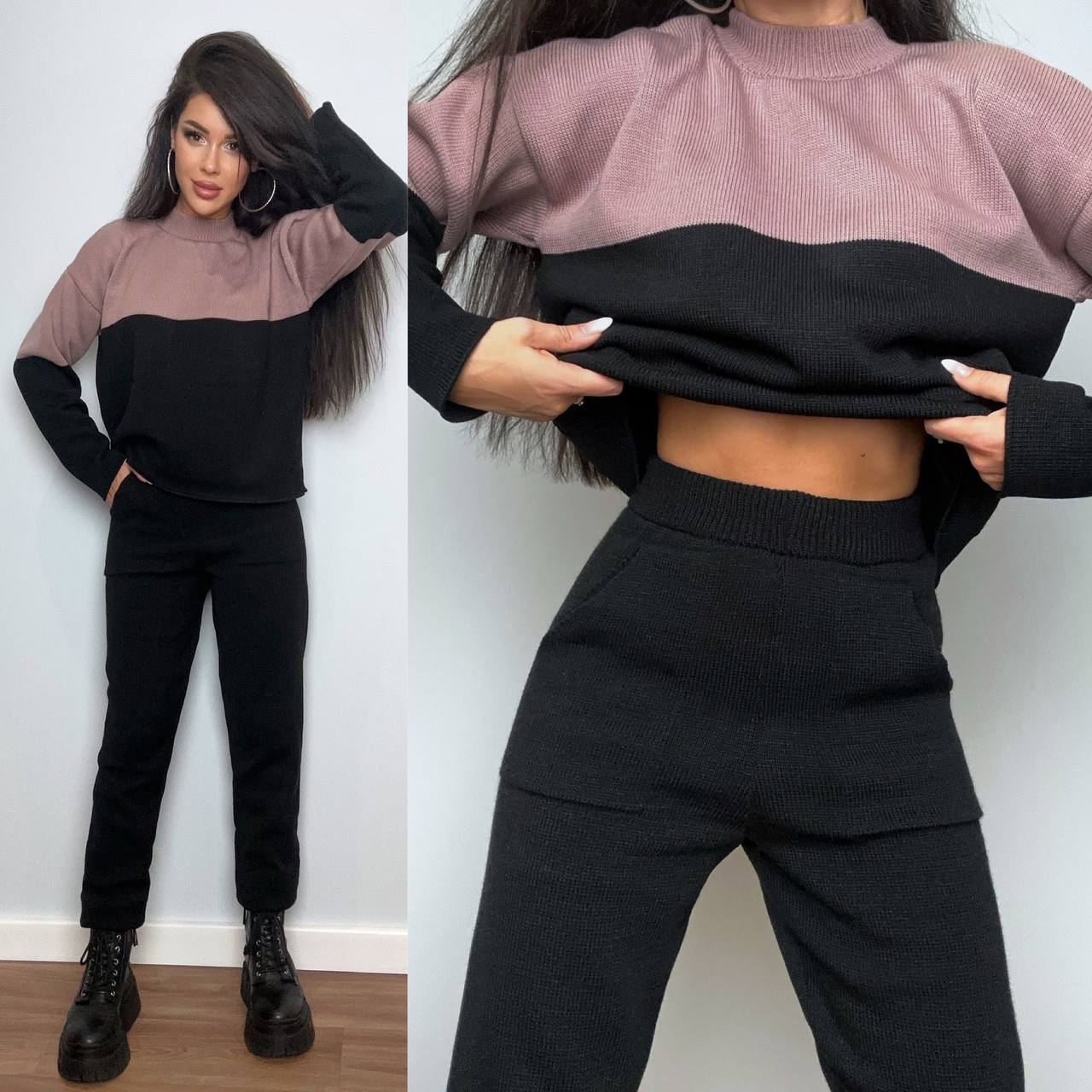 Two-tone black and pink sweater with matching pants worn by a person, against a plain background.