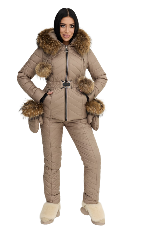 Womens Winter Warm Ski Snowboarding Suit Jacket and Pants with Natural Raccoon Fur