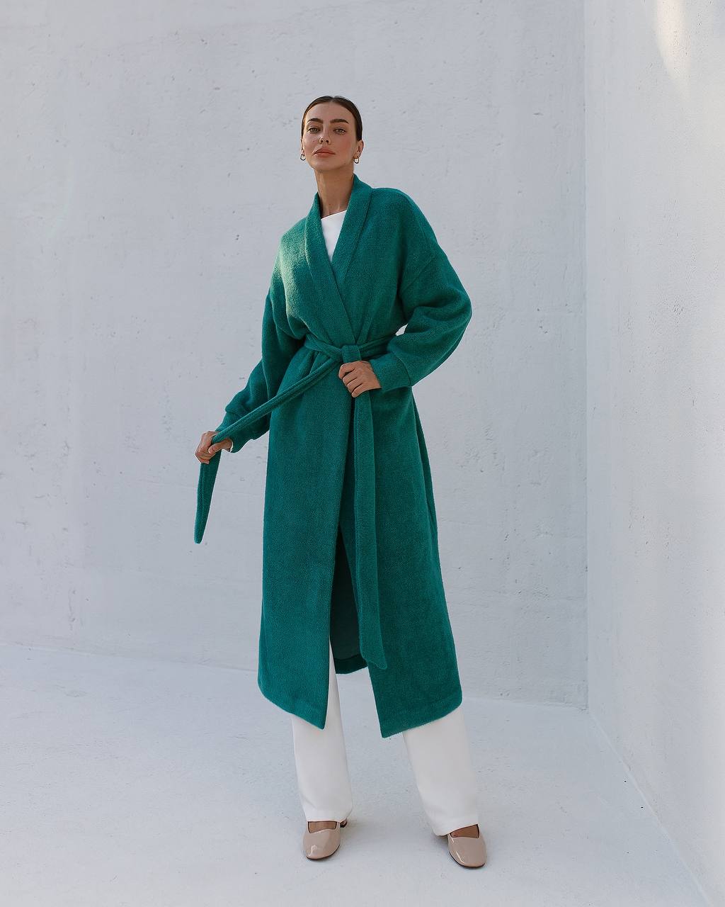 Womens Silva Fluffy Cardigan Long Sleeve Belted Coat Emerald Green
