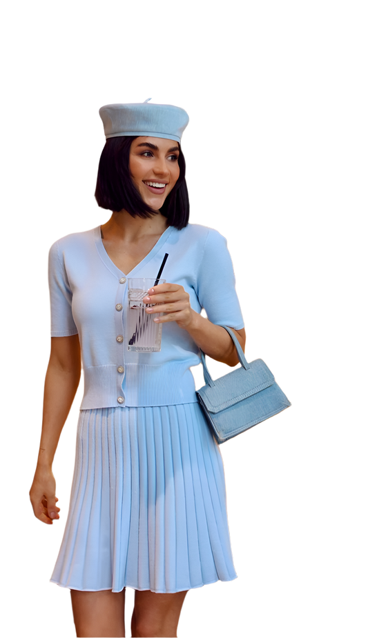 Womens Lulu Two-Piece Suit Top and Pleated Skirt Light Blue